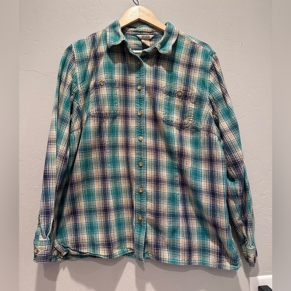 Duluth Trading Co Women's Blue Plaid Flannel Button Down Cotton Shirt Size XL - Picture 1 of 5